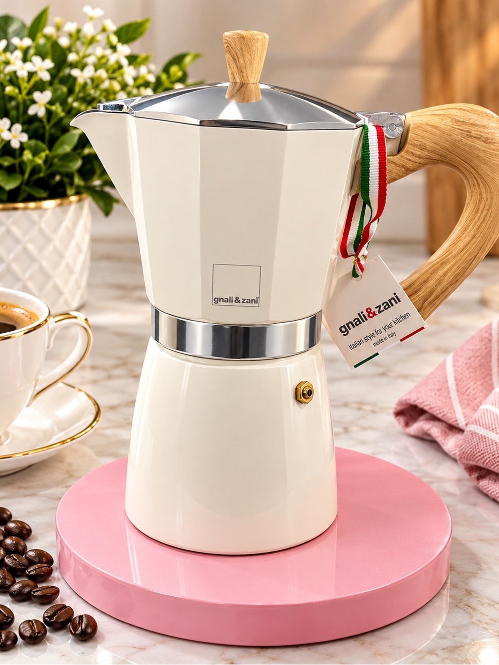 Cream Stovetop Moka Pot with Wood Handle